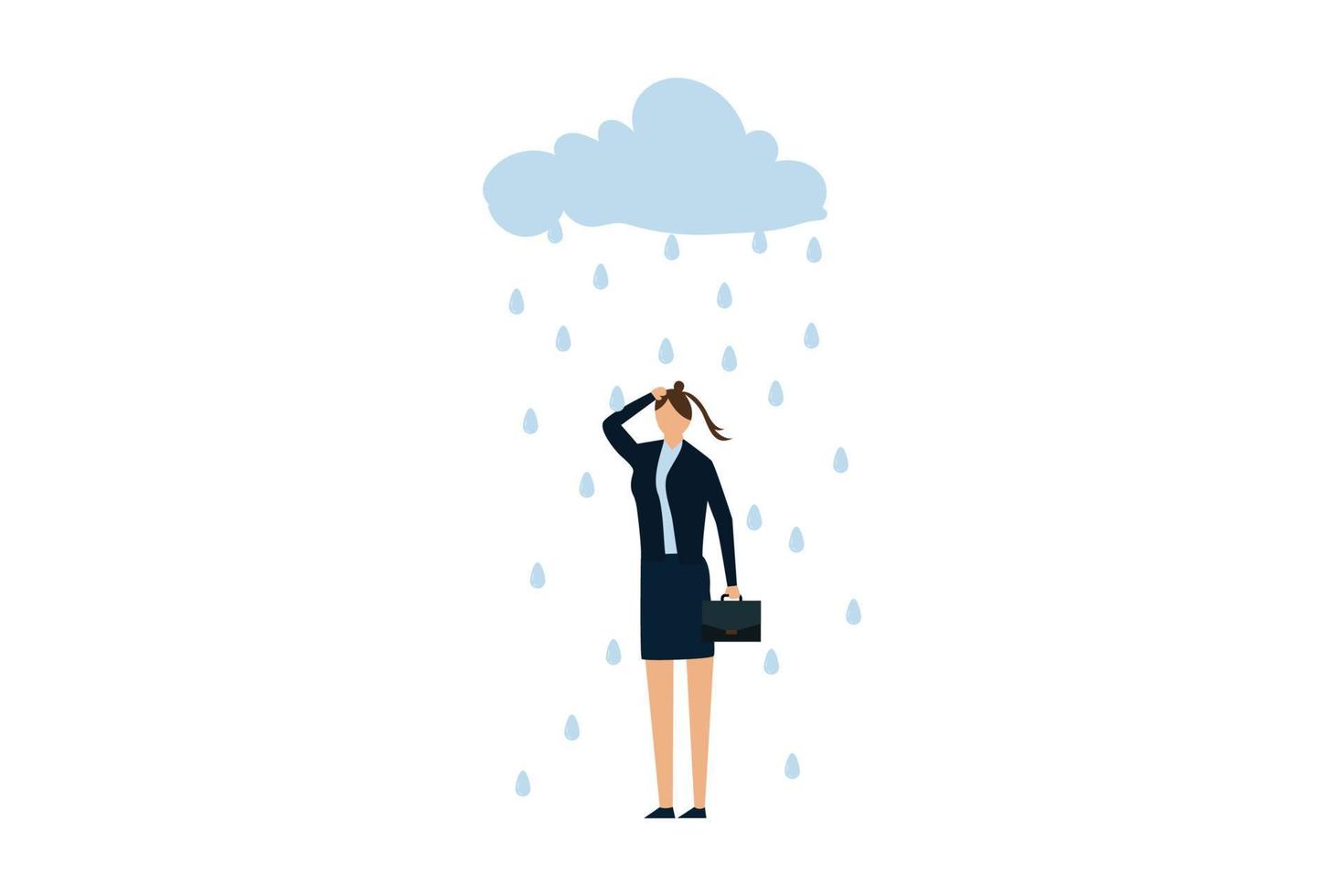 carga de trabajo y estrés que causan depresión en el trabajador de oficina, tristeza deprimida jovencita en uniforme de oficina con nube y lluvia metáfora de problemas mentales. vector