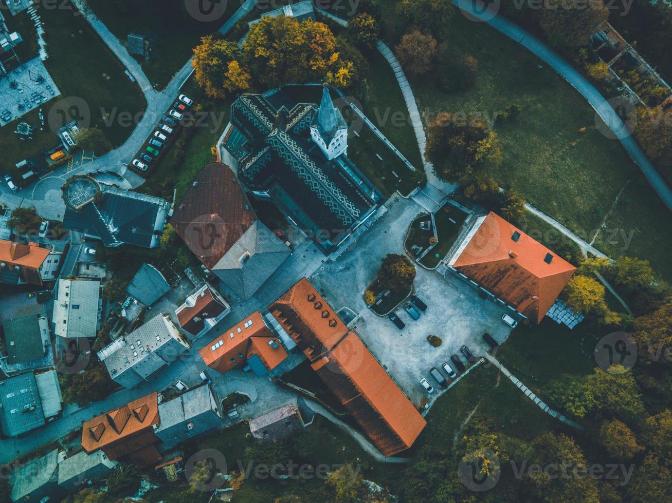 Drone views of the Church of St. Martin in Bled, Slovenia photo