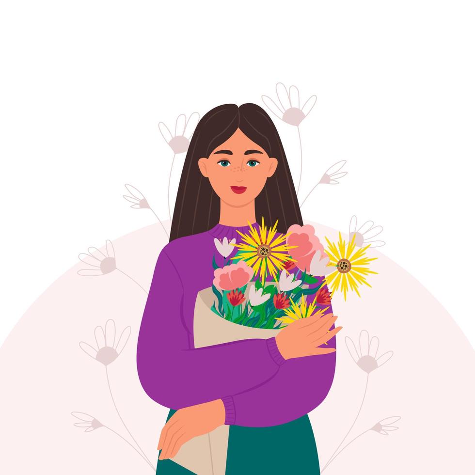 A young woman with a bouquet of flowers in her hands. Vector illustration in flat style