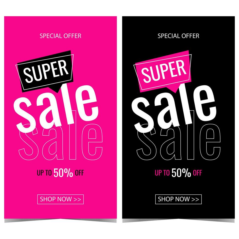 Super sale and discount banner for shopping season promotion. Up to 50 percent discount and special offer announcement. Vector sale poster, flyer, brochure or booklet in flat style. Ready to print.