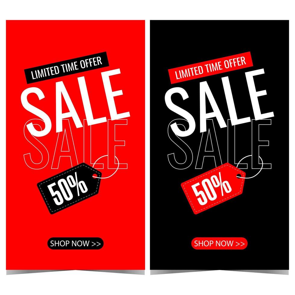 Vector banner template design for sale and discount announcement and promotion with label or tag indicating 50 percent price reduction on black and red background. Ready to print illustration.