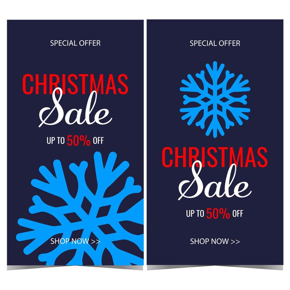 Banner or poster for December sale during Christmas. Vector illustration for sale and discount promotion during winter holidays with big snowflake and indication of 50 percent price reduction.
