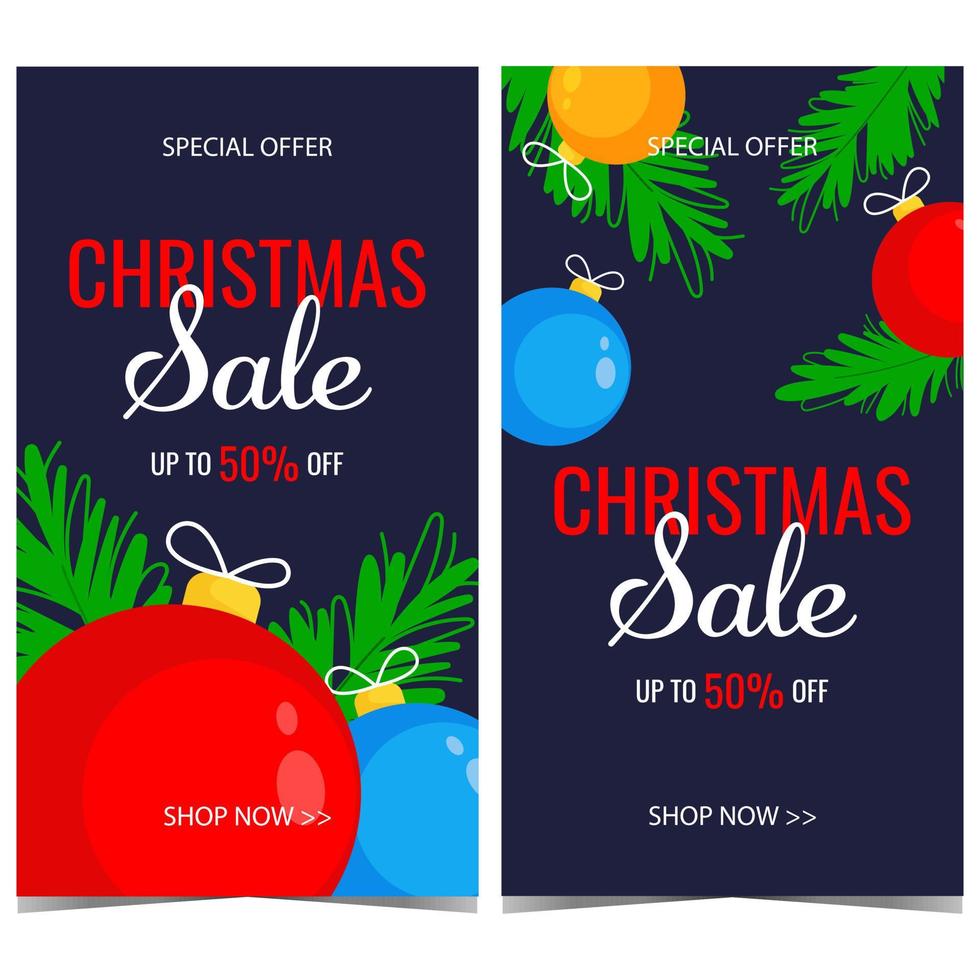 Christmas sale promotion poster or banner template. Vector illustration in flat style with Christmas decorations for announcement of shopping and discount season during Christmas and winter holidays.