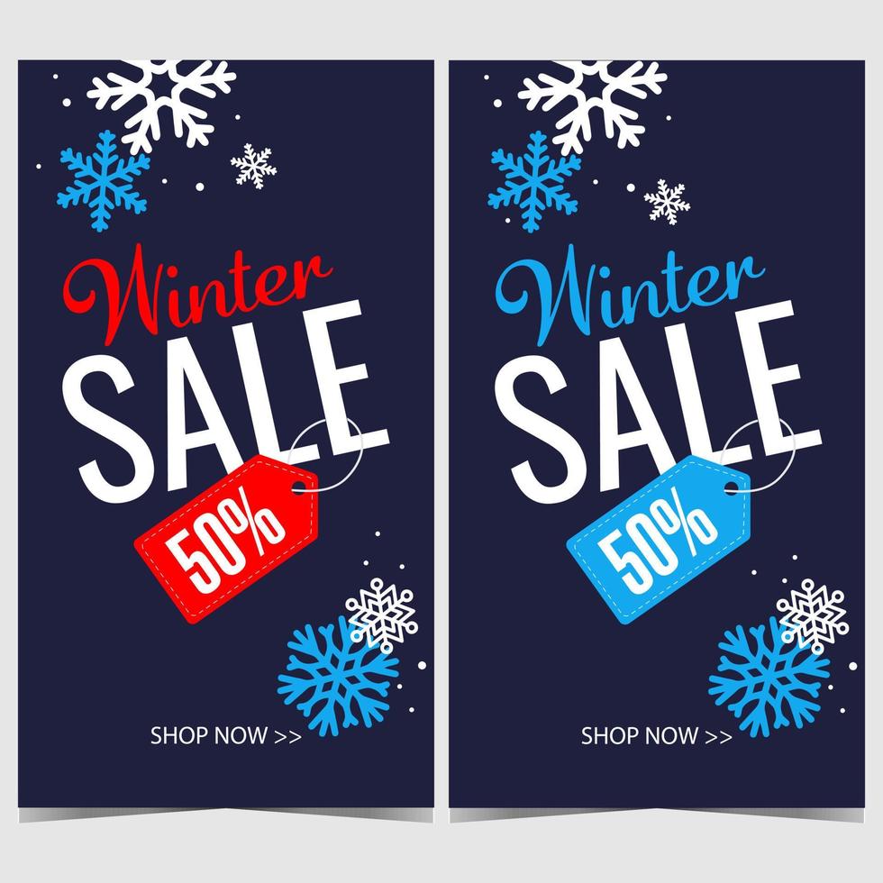 venta de invierno y banner de descuento. afiche vectorial, folleto, folleto o volante en estilo plano de oferta especial y promoción de buen trato con etiqueta o etiqueta de descuento y copos de nieve sobre fondo azul. vector