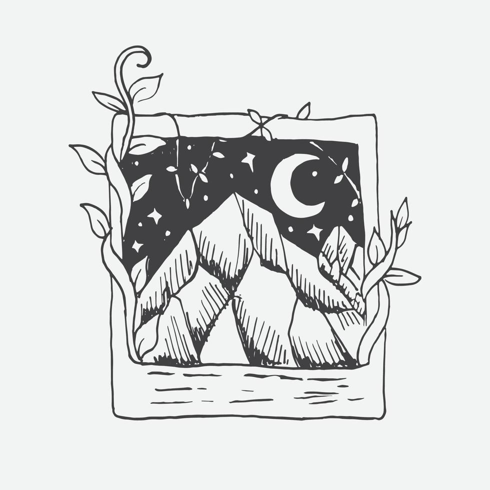 Hand drawn illustration photo of mountain at night with vines vector