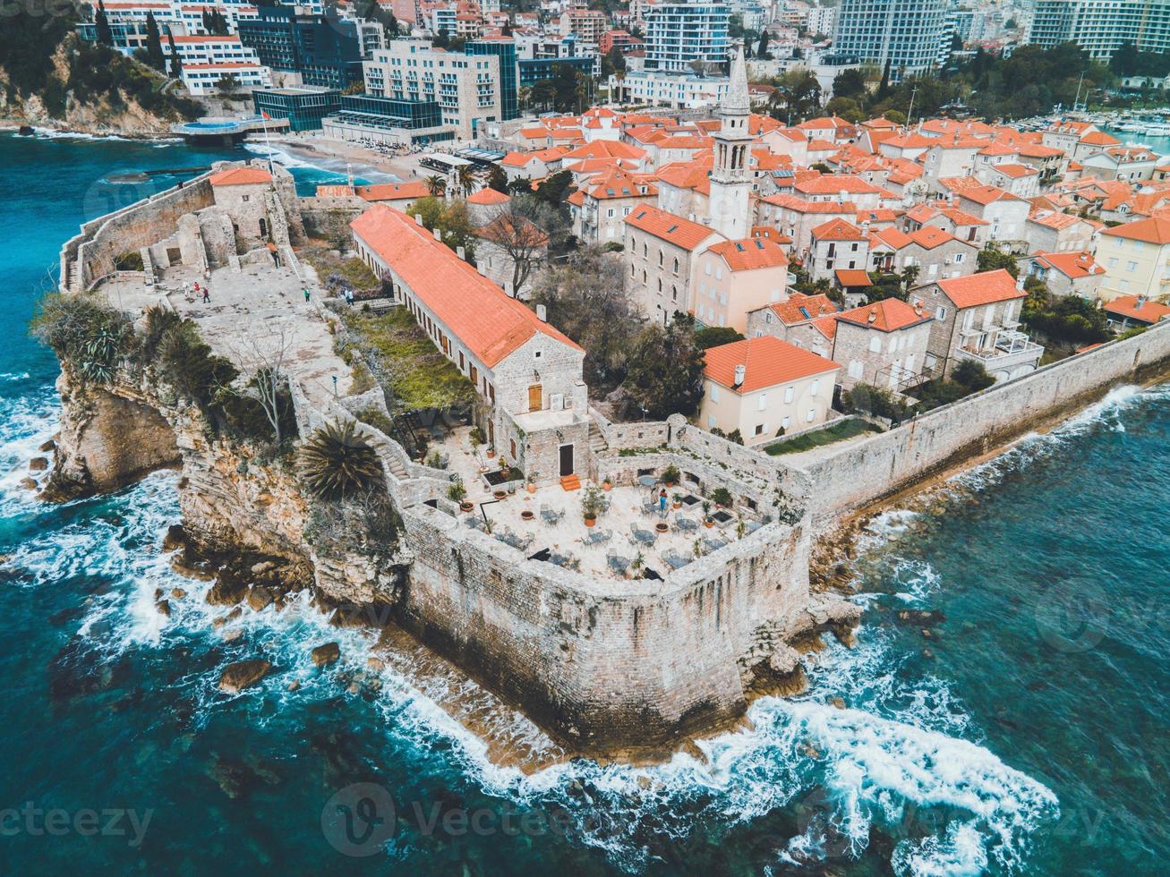 Drone views of Budva's Old Town in Montenegro photo