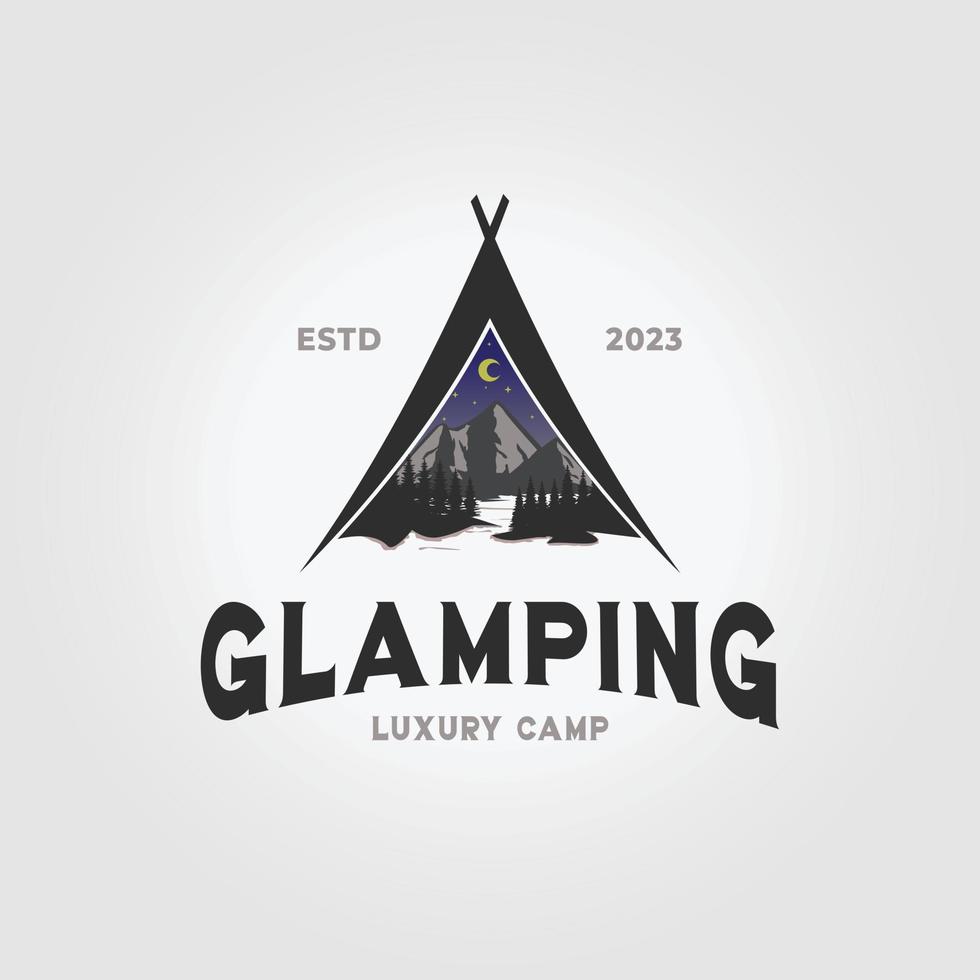 vector de icono de logotipo glamping minimalista, diseño de camping glamuroso en la naturaleza