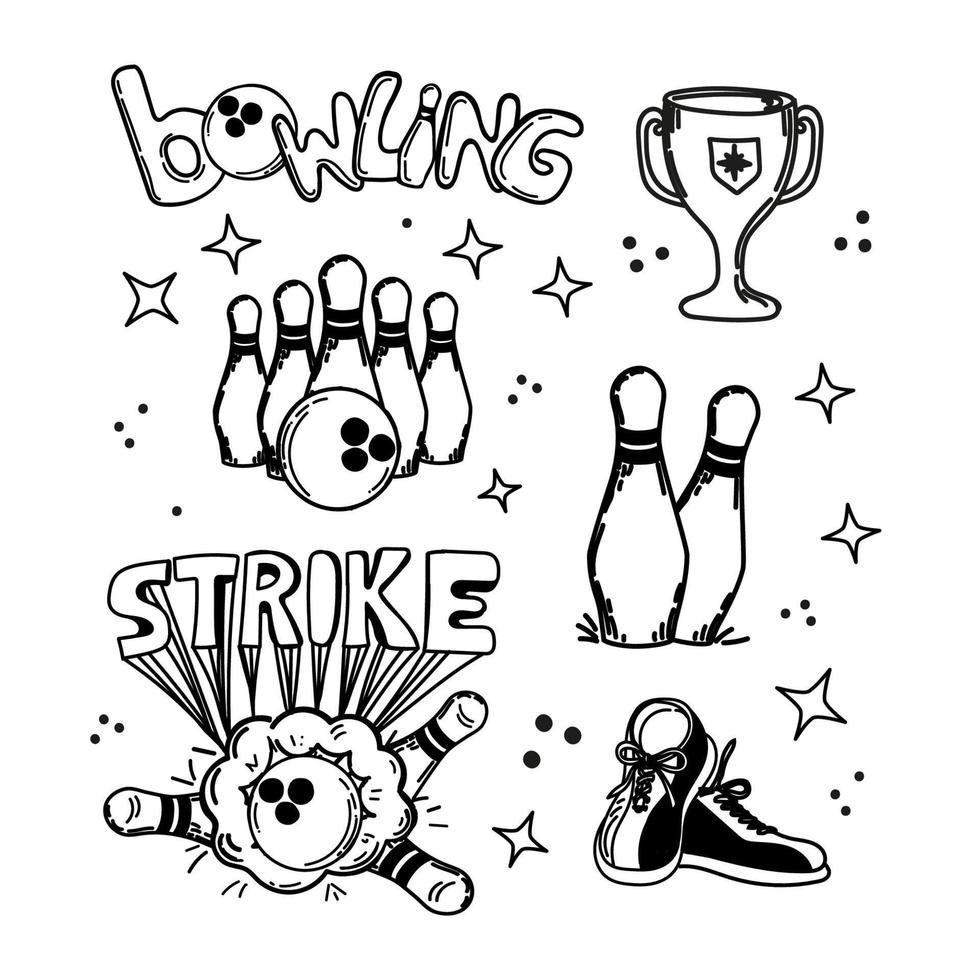 A set of hand-drawn elements with a bowling theme. Bowling ball, pins, shoes. Handwritten strike inscription. Ball smashes pins. Flying ball in the target. Skittles. Sports. The game. Hit, win vector