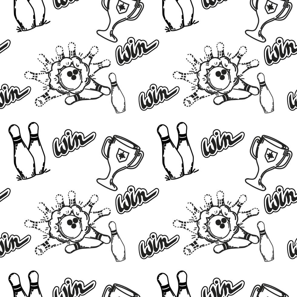 A seamless pattern of hand-drawn elements with a bowling theme. Bowling ball, pins. Handwritten inscription. Winning. Ball smashes pins. Pins. Sport. Game. Hit, win. Vector on white background.