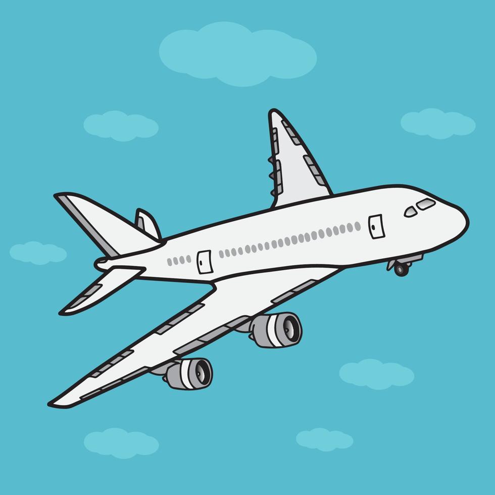 avión despegando en el cielo azul con fondo de nubes. avión en concepto de cielo. diseño colorido ilustración vectorial vector
