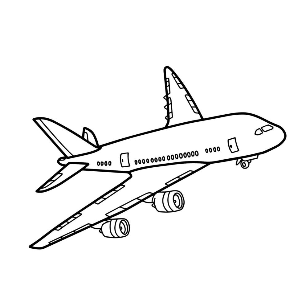 Outline of Airplane icon taking off in the blue sky with clouds background. Airplane in sky concept. coloring book. vector illustration on white blackground
