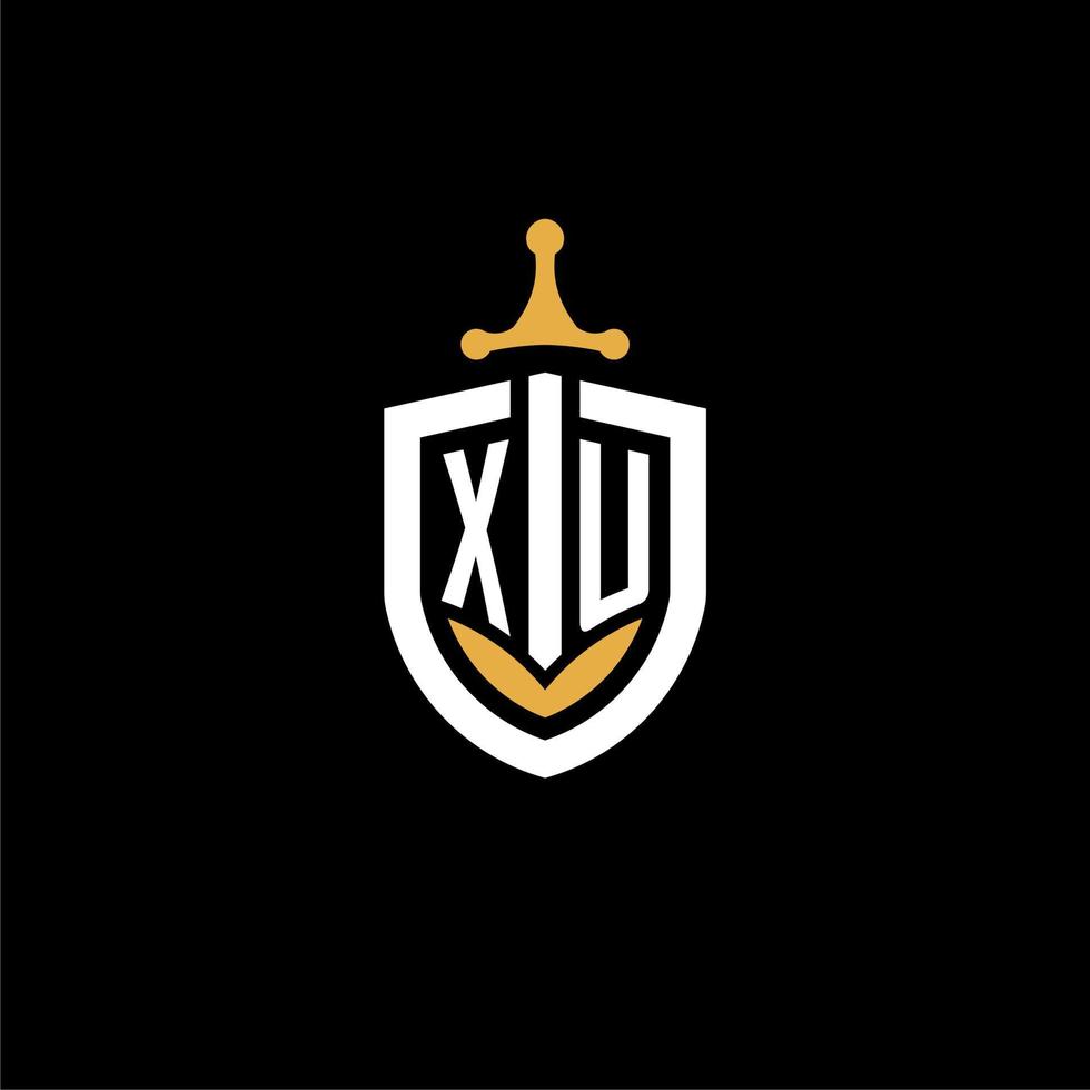 creative letter xu logo gaming esport con ideas de diseño de escudo y espada vector