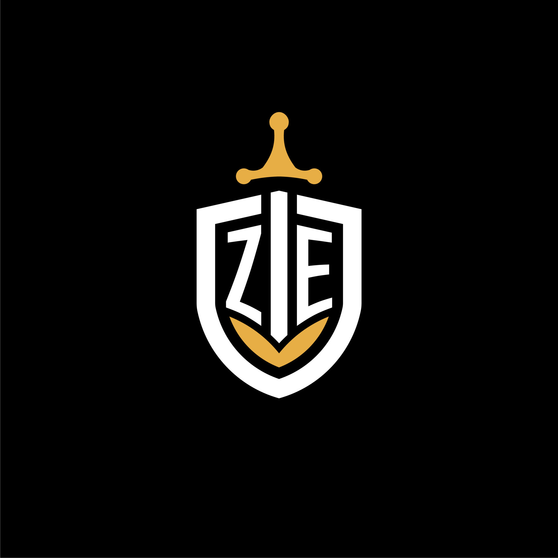 Creative letter ZE logo gaming esport with shield and sword design