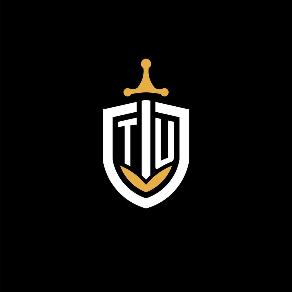 creative letter tu logo gaming esport con ideas de diseño de escudo y espada vector