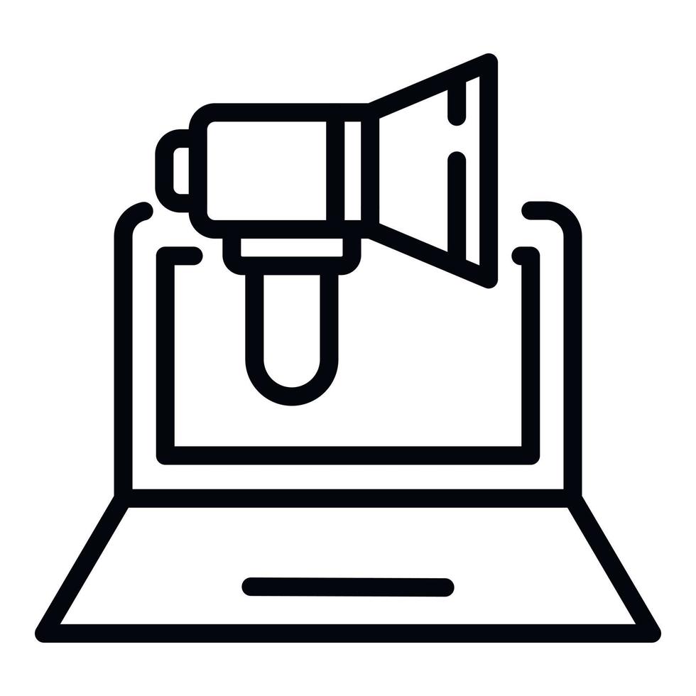 Megaphone on laptop icon, outline style vector