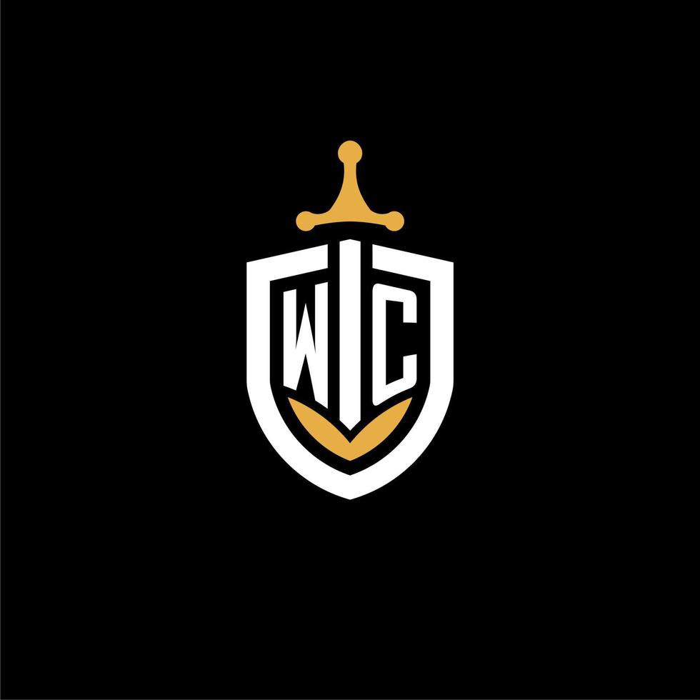 creative letter wc logo gaming esport con ideas de diseño de escudo y espada vector
