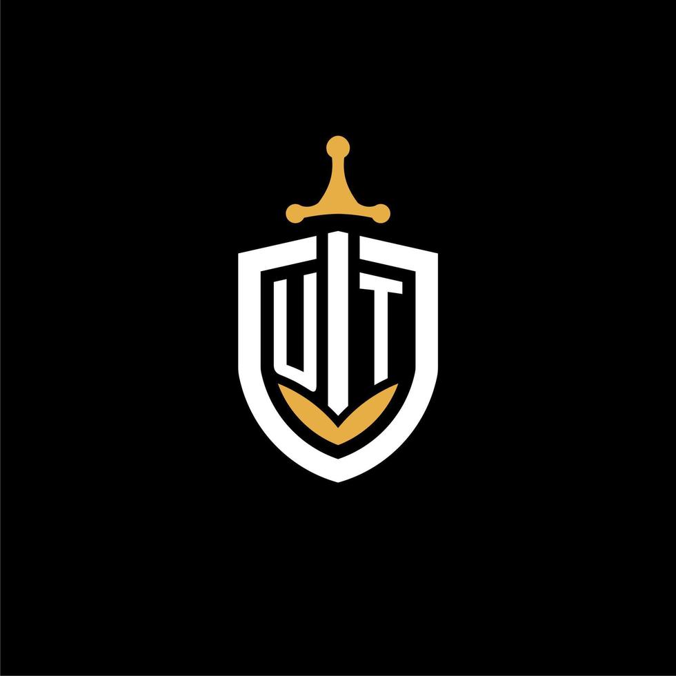 Creative letter UT logo gaming esport with shield and sword design ideas vector