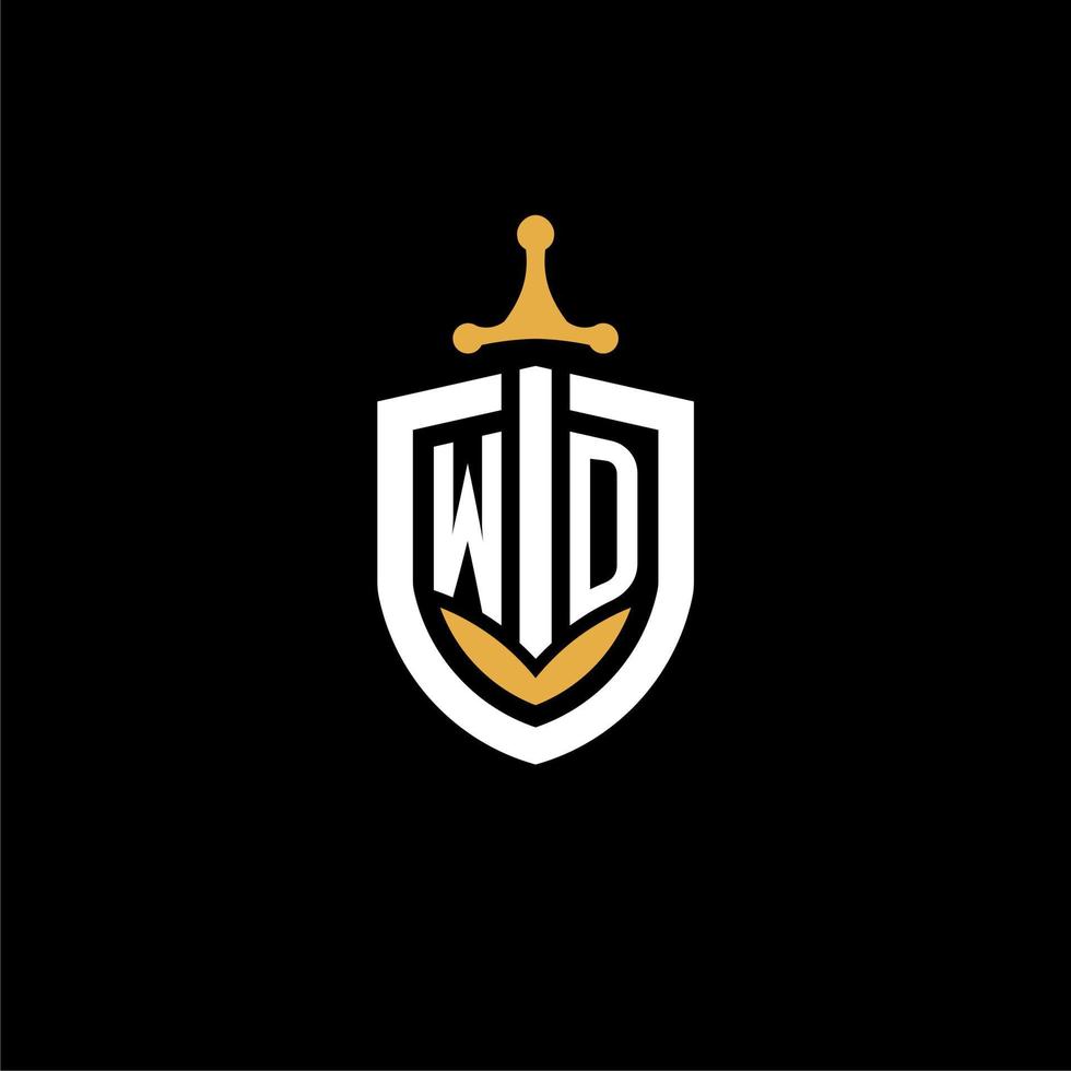 Creative letter wd logo gaming esport con ideas de diseño de escudo y espada vector