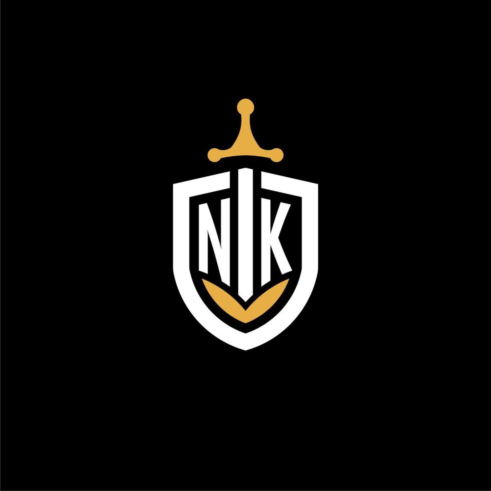 Creative letter nk logo gaming esport con ideas de diseño de escudo y espada vector