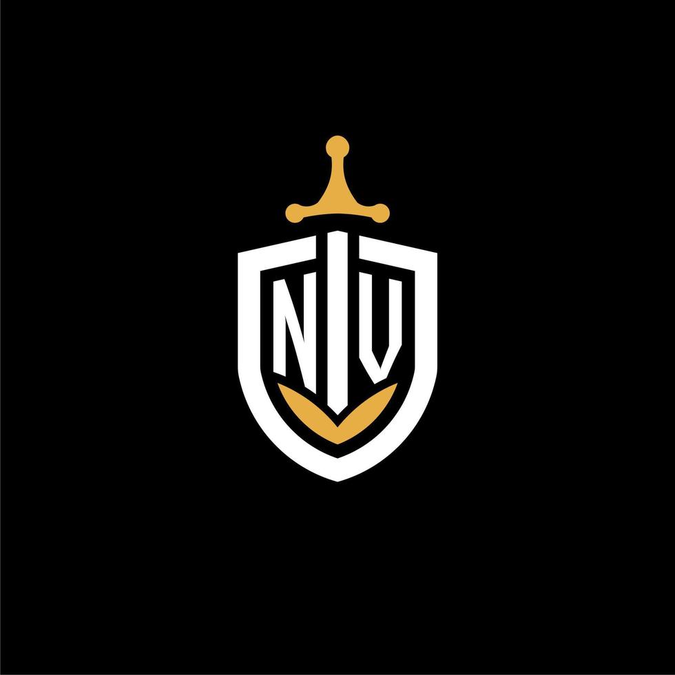 creative letter nv logo gaming esport con ideas de diseño de escudo y espada vector