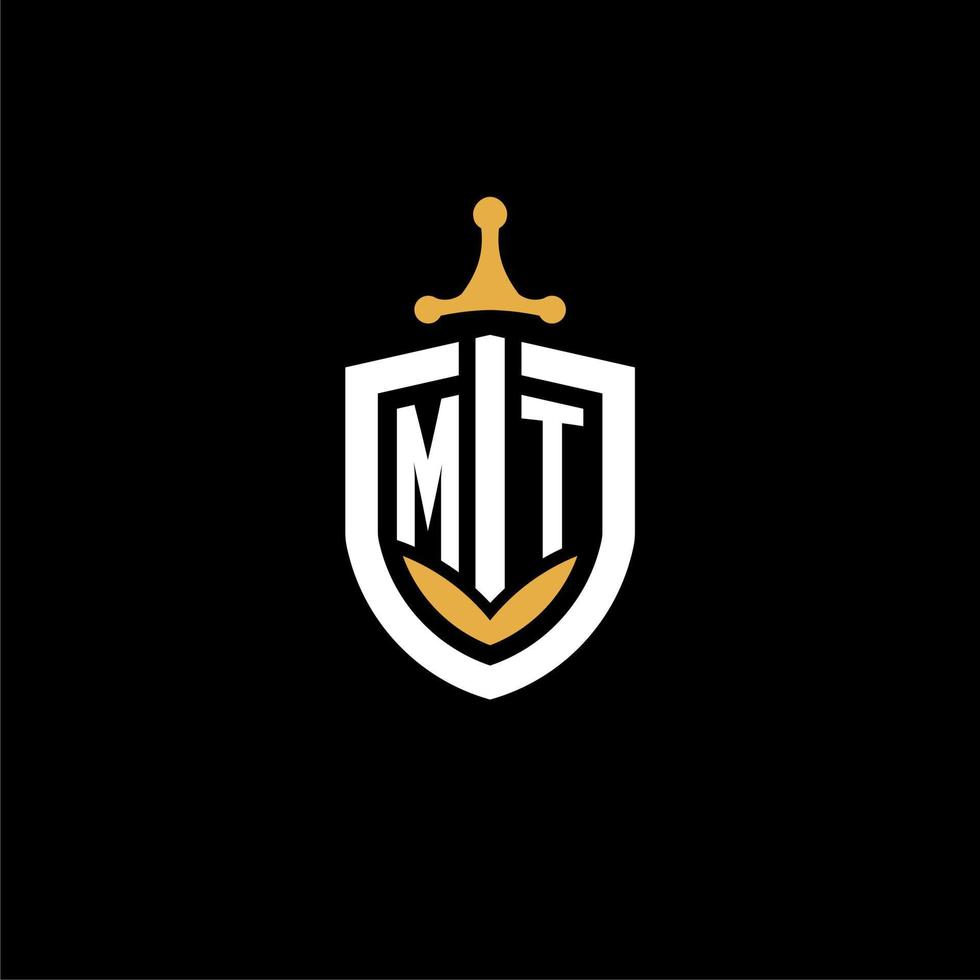 creative letter mt logo gaming esport con ideas de diseño de escudo y espada vector