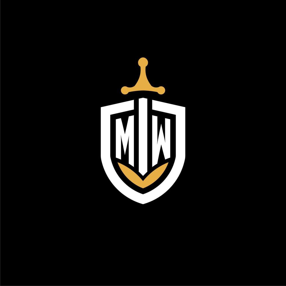 creative letter mw logo gaming esport con ideas de diseño de escudo y espada vector