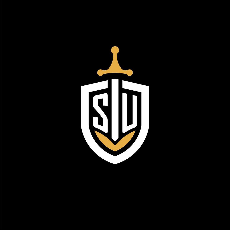 Creative letter SU logo gaming esport with shield and sword design ideas vector