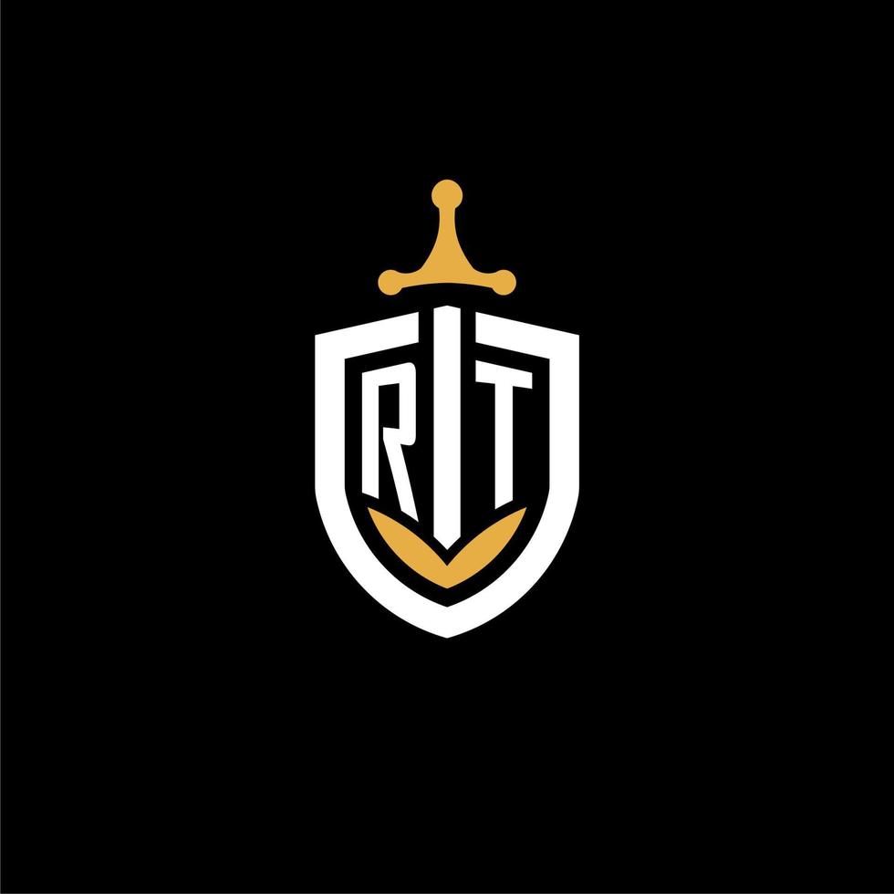 Creative letter RT logo gaming esport with shield and sword design ideas vector