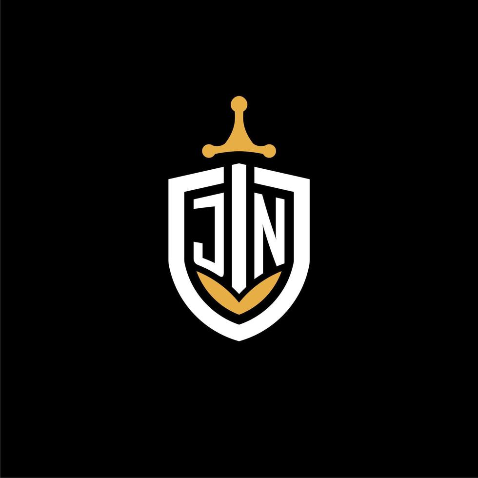 Creative letter JN logo gaming esport with shield and sword design ideas vector