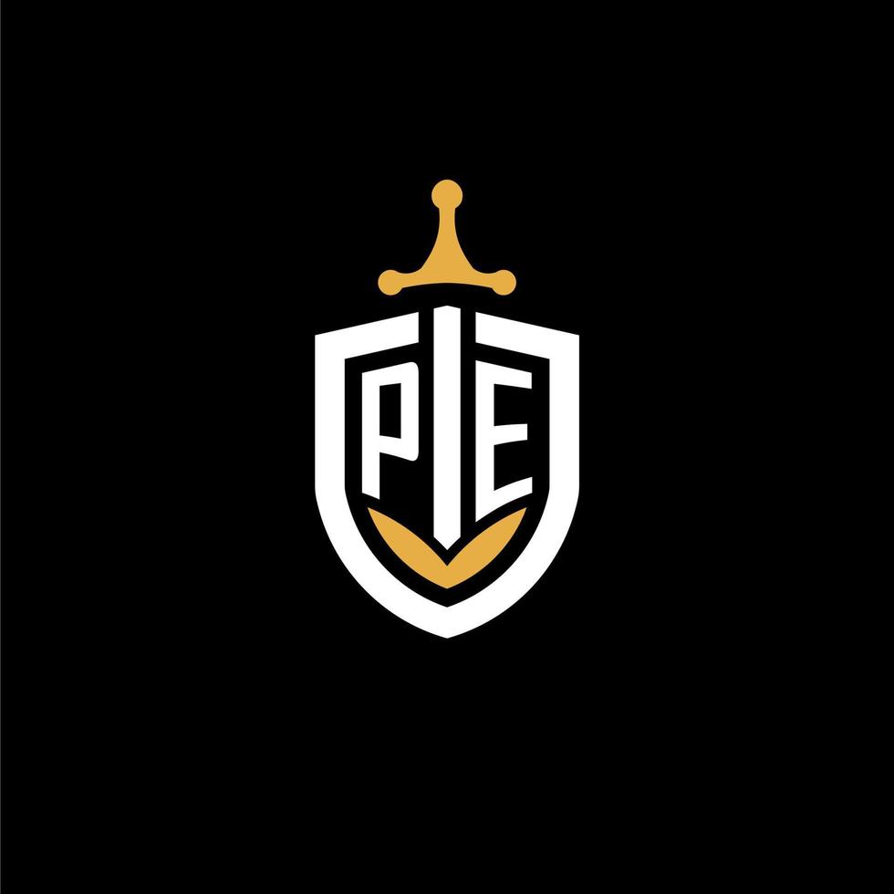 Creative letter PE logo gaming esport with shield and sword design ideas vector