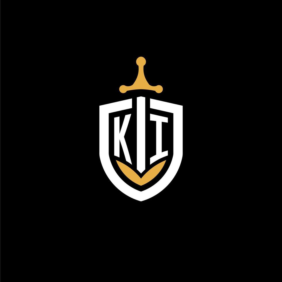 Creative letter ki logo gaming esport con ideas de diseño de escudo y espada vector