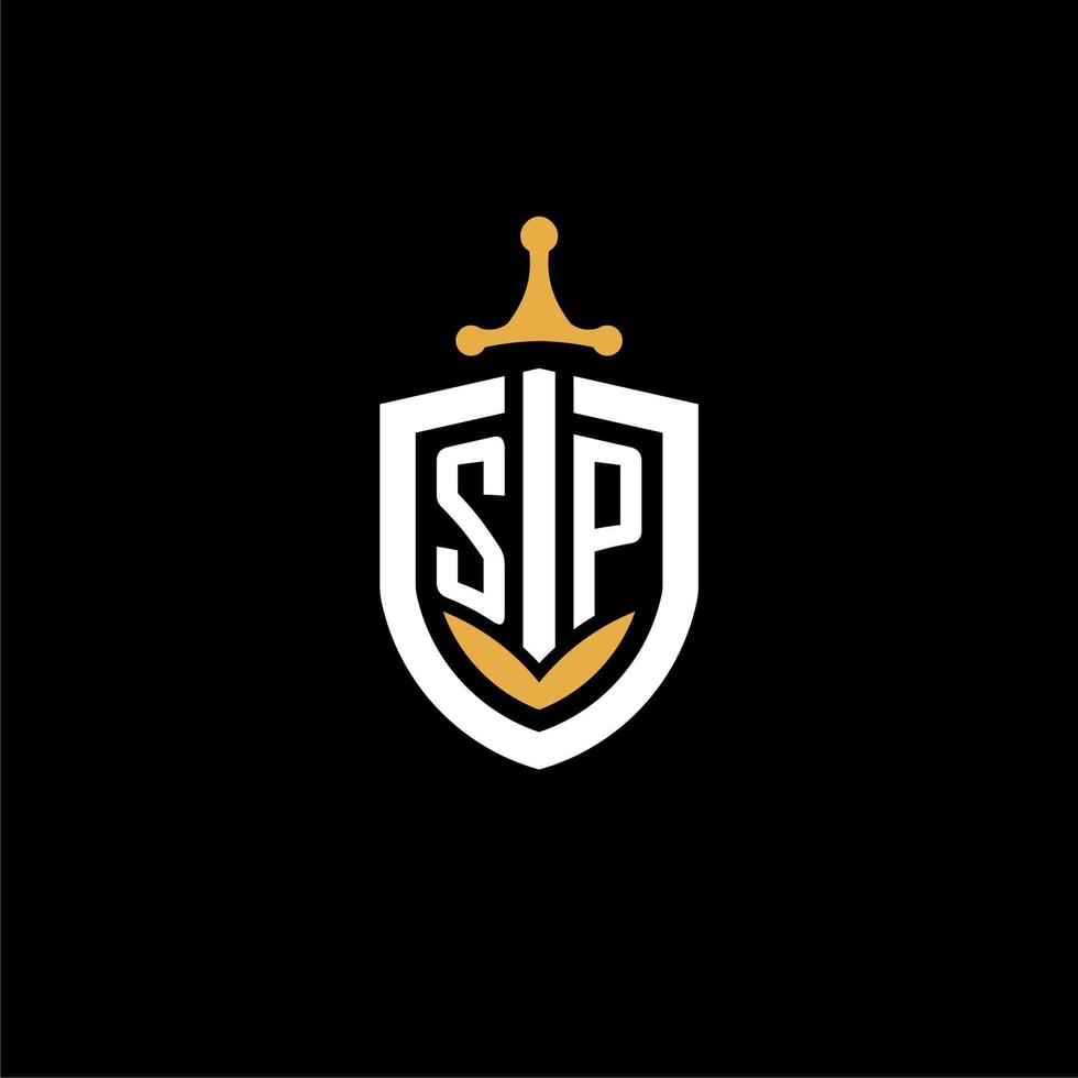 Creative letter SP logo gaming esport with shield and sword design ideas vector