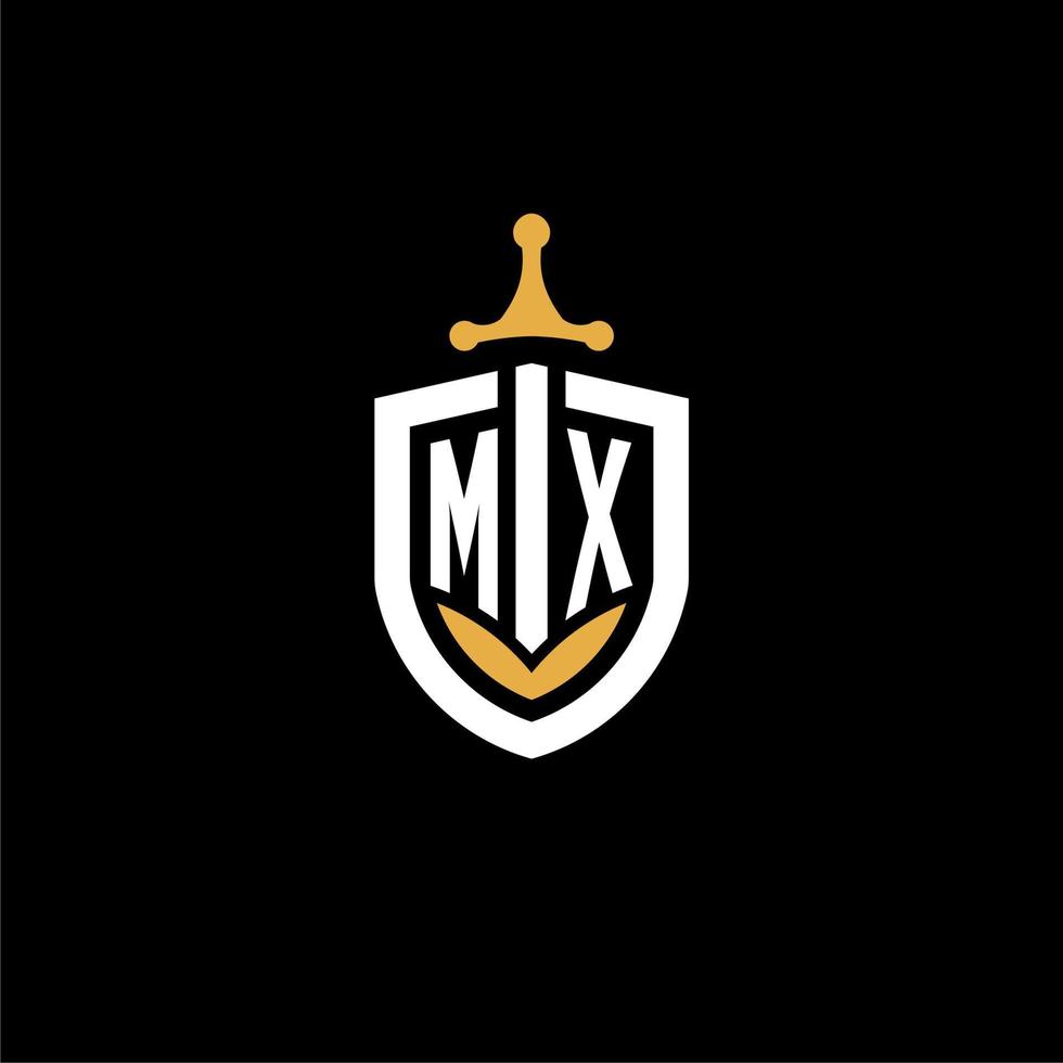 Creative letter mx logo gaming esport con ideas de diseño de escudo y espada vector