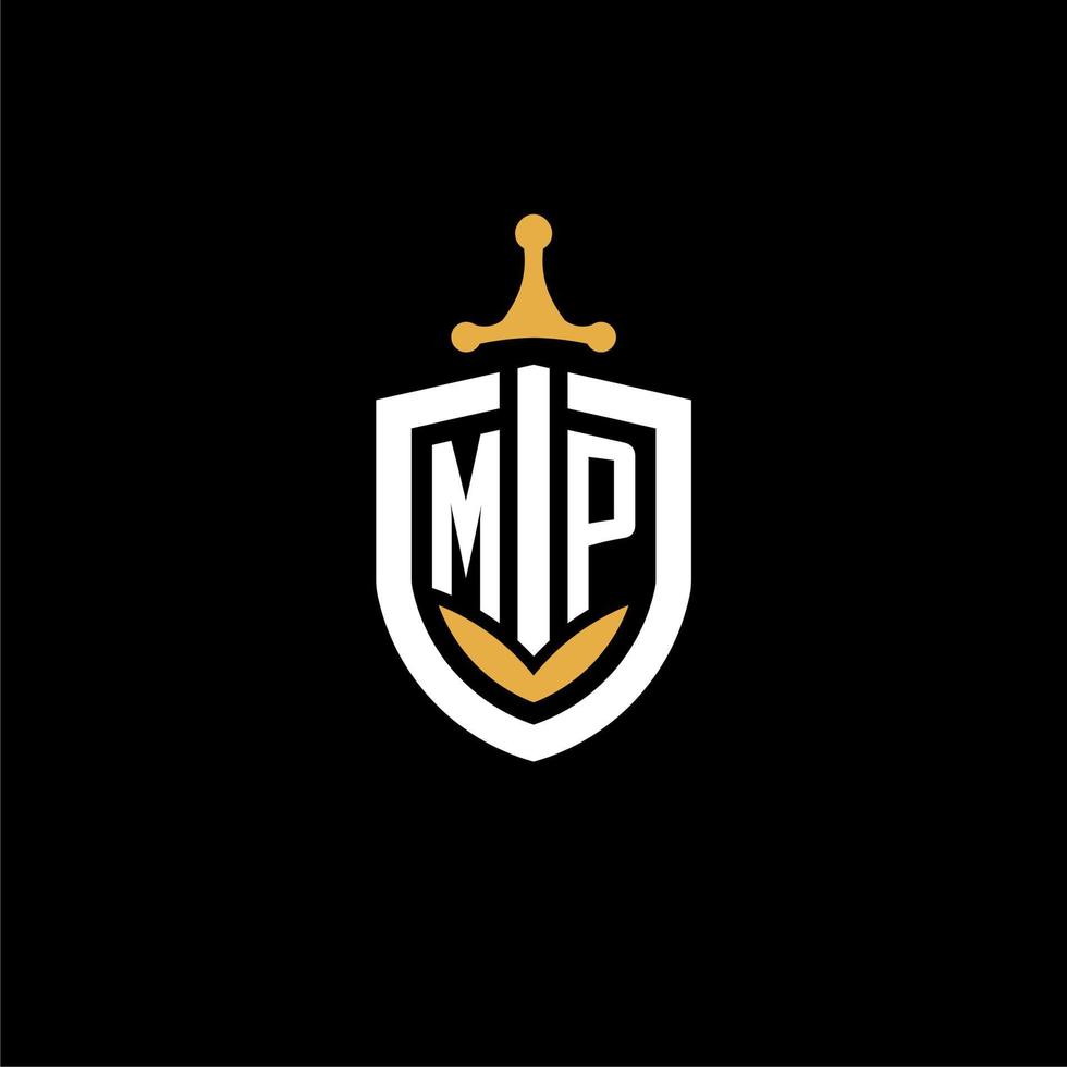 Creative letter MP logo gaming esport with shield and sword design ideas vector