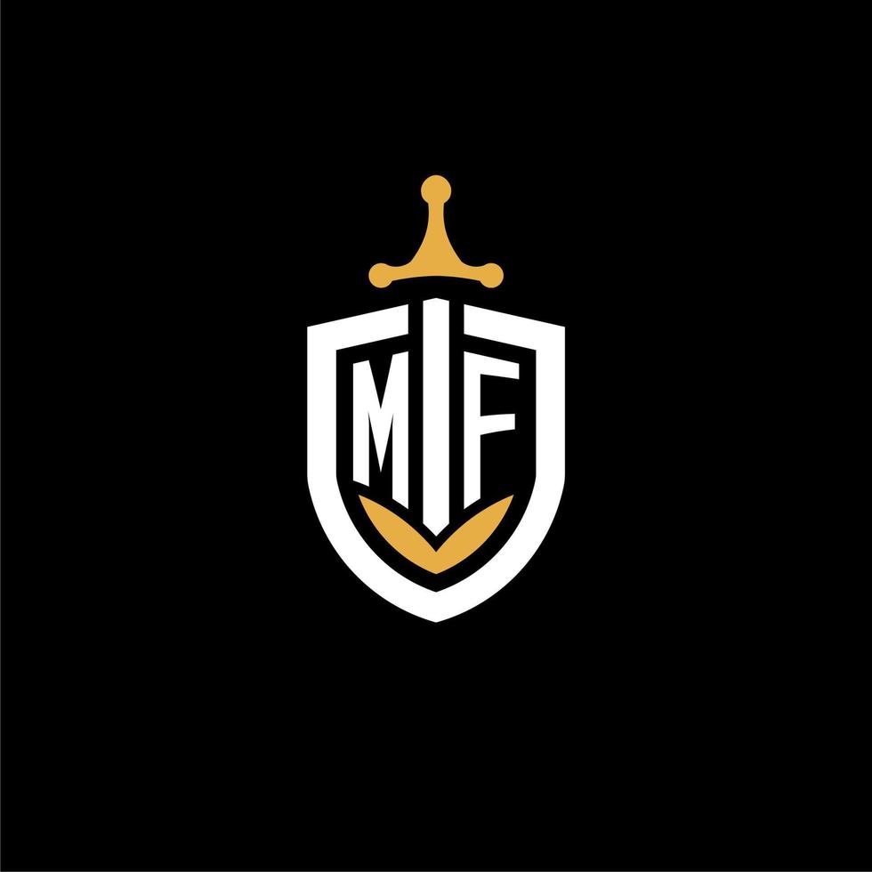 Creative letter mf logo gaming esport con ideas de diseño de escudo y espada vector