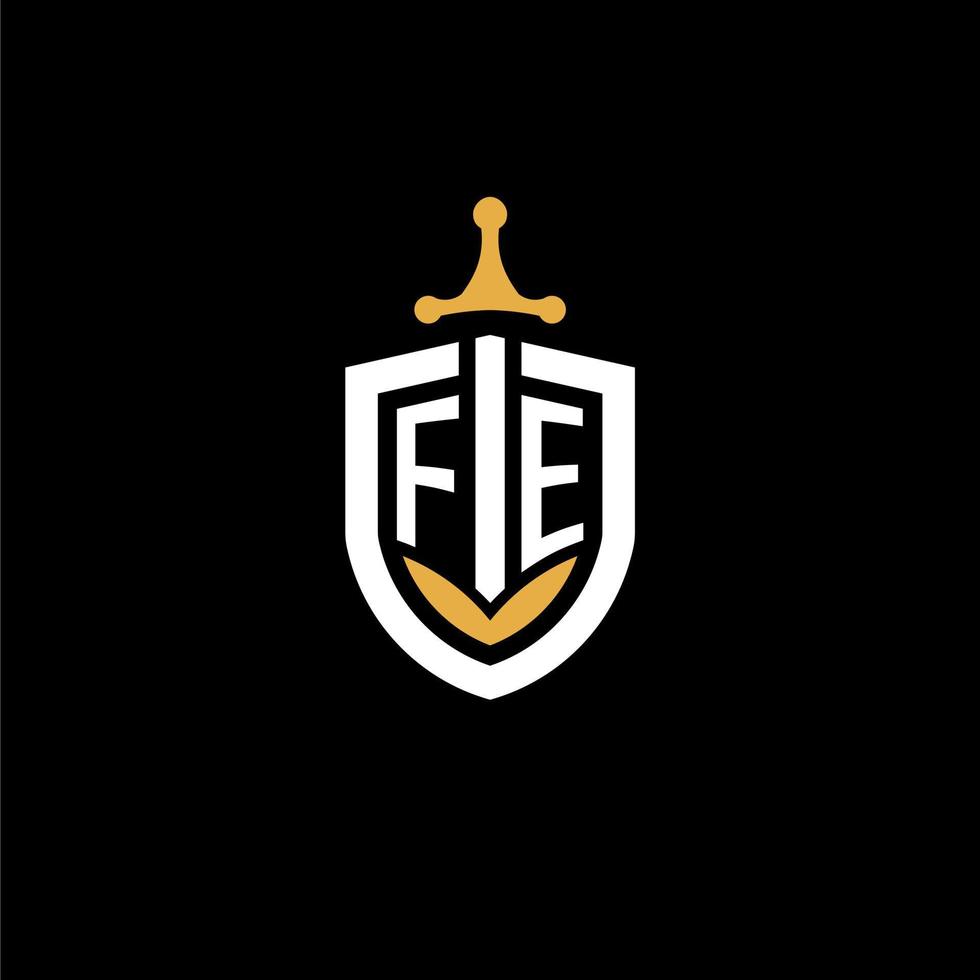 Creative letter fe logo gaming esport con ideas de diseño de escudo y espada vector