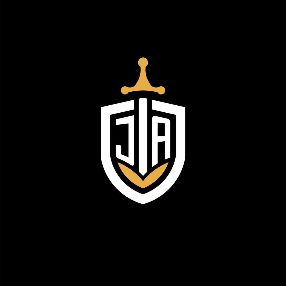 Creative letter ja logo gaming esport con ideas de diseño de escudo y espada vector