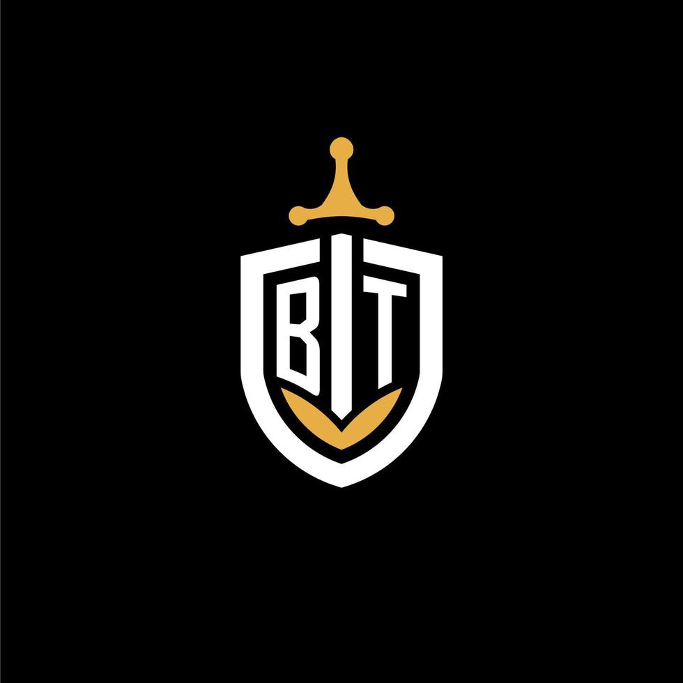 creative letter bt logo gaming esport con ideas de diseño de escudo y espada vector