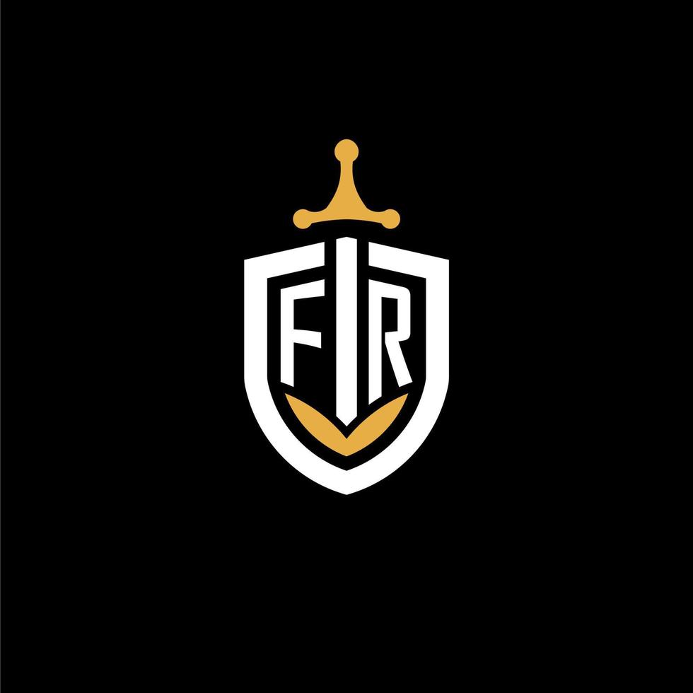 creative letter fr logo gaming esport con ideas de diseño de escudo y espada vector