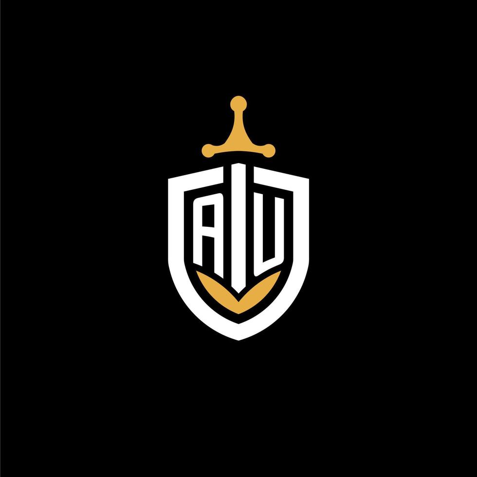 Creative letter au logo gaming esport con ideas de diseño de escudo y espada vector