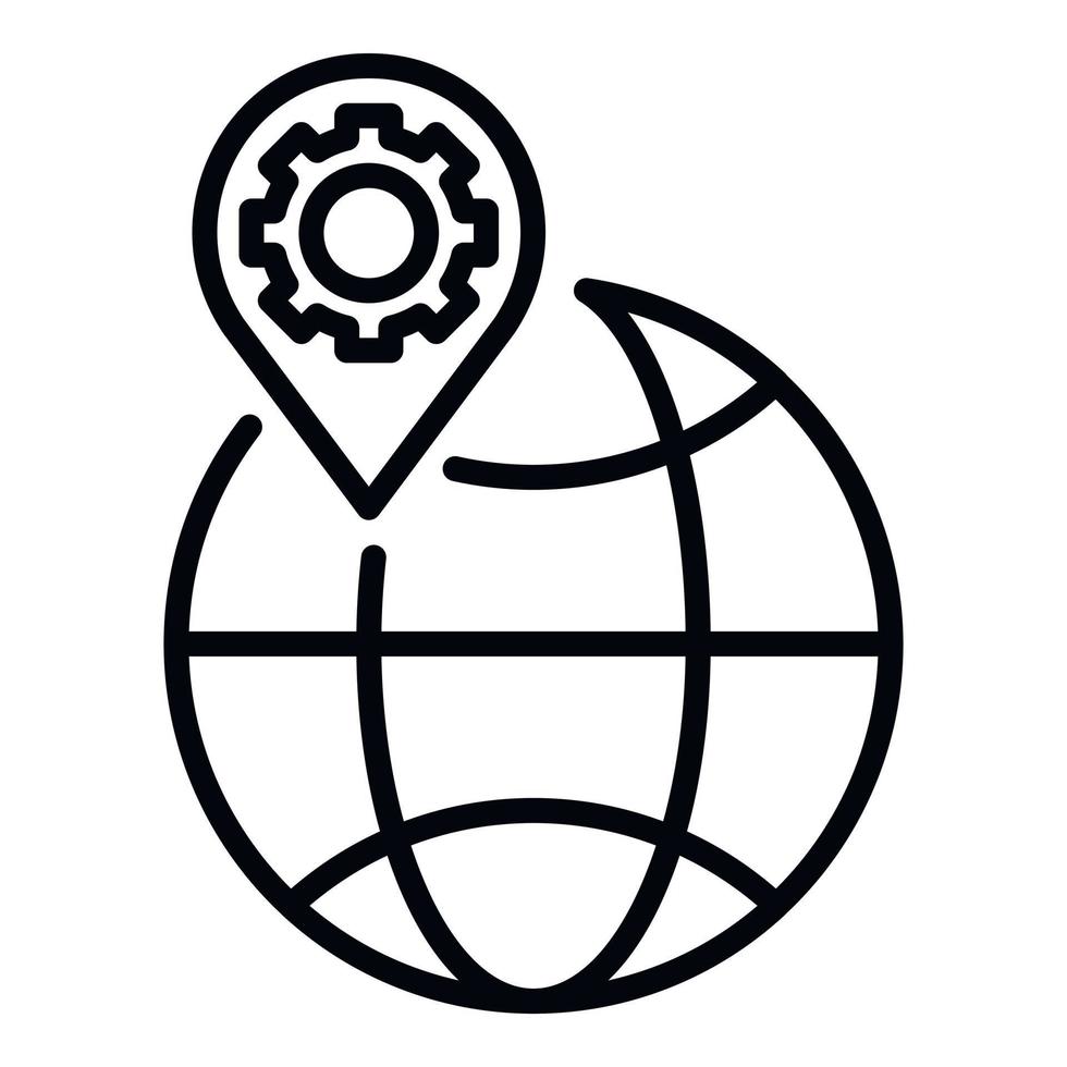 Globe geo tag gear icon, outline style vector