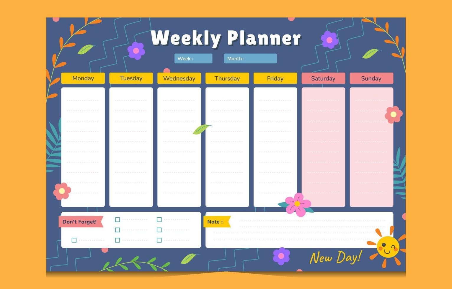 Cute Floral Theme Weekly Planner vector