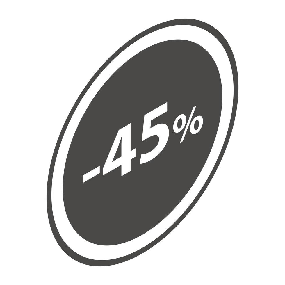 Minus 45 percent sale black icon, isometric style vector