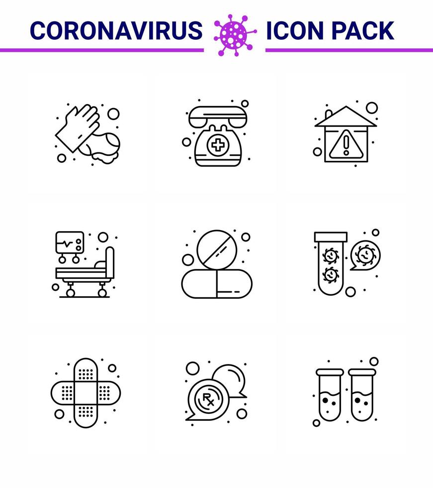 Corona virus disease 9 Line icon pack suck as  drug medical treatment home icu stay home viral coronavirus 2019nov disease Vector Design Elements