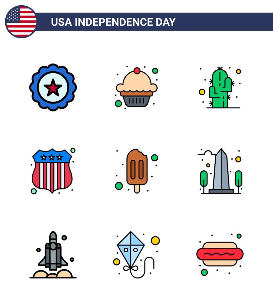 conjunto de 9 iconos del día de los ee.uu. símbolos americanos signos del día de la independencia para helados de flores de paletas históricas que investigan elementos de diseño de vectores editables del día de los ee.uu.