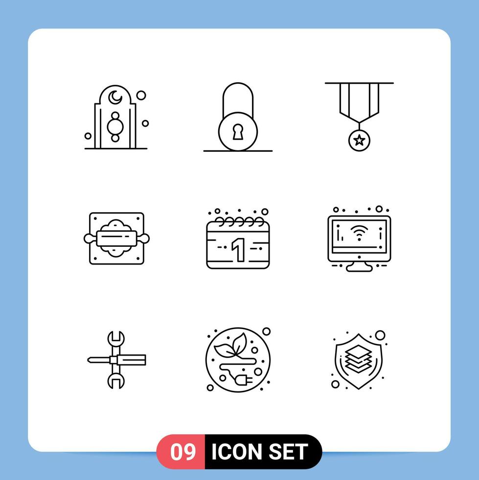 User Interface Pack of 9 Basic Outlines of calendar bread roller badge baking star Editable Vector Design Elements