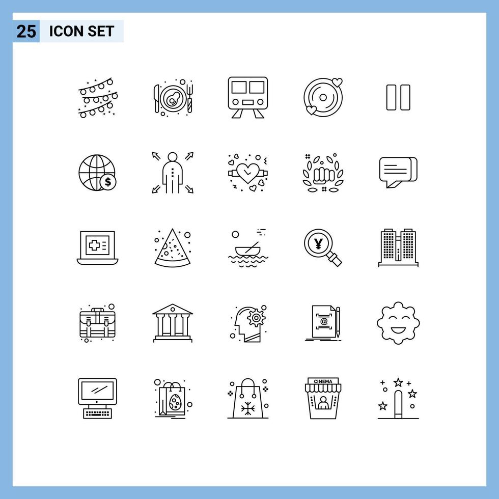 Universal Icon Symbols Group of 25 Modern Lines of vedio media subway control heart Editable Vector Design Elements