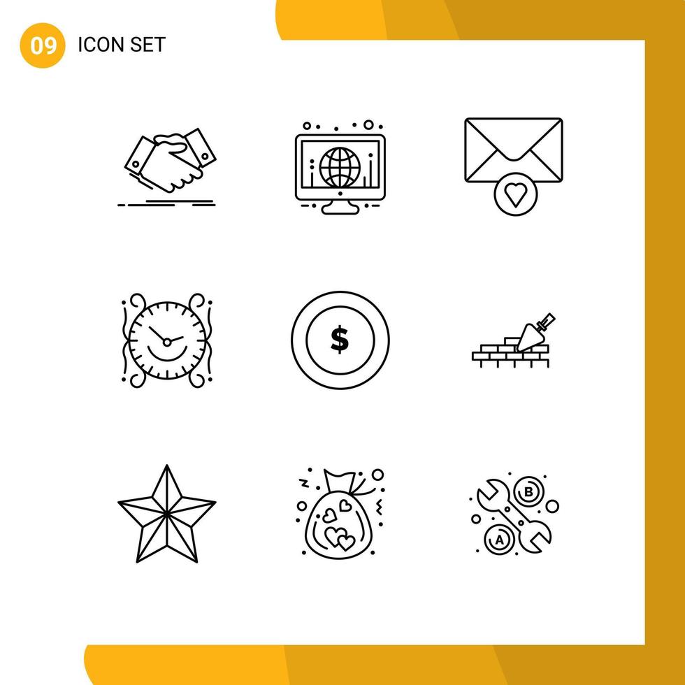 Stock Vector Icon Pack of 9 Line Signs and Symbols for coin decorate world watch clock Editable Vector Design Elements