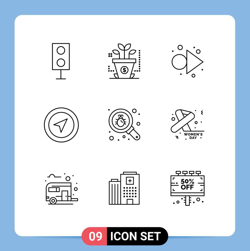 9 Universal Outline Signs Symbols of search bug arrow pin map Editable Vector Design Elements