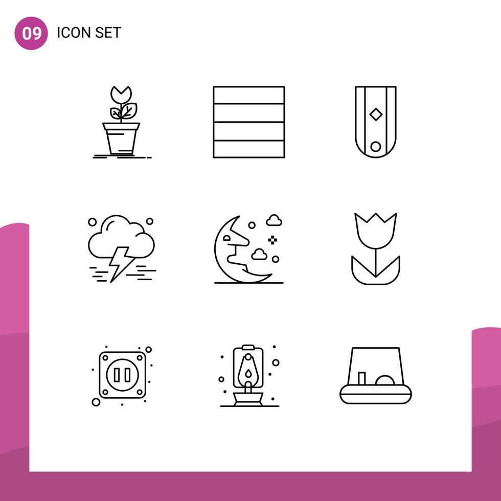 Universal Icon Symbols Group of 9 Modern Outlines of moon thunderstorm insignia storm cloud Editable Vector Design Elements